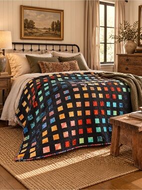 One-of-a-Kind Handmade Art Quilt 62” x 78” Black Multicolor Patchwork Reversible